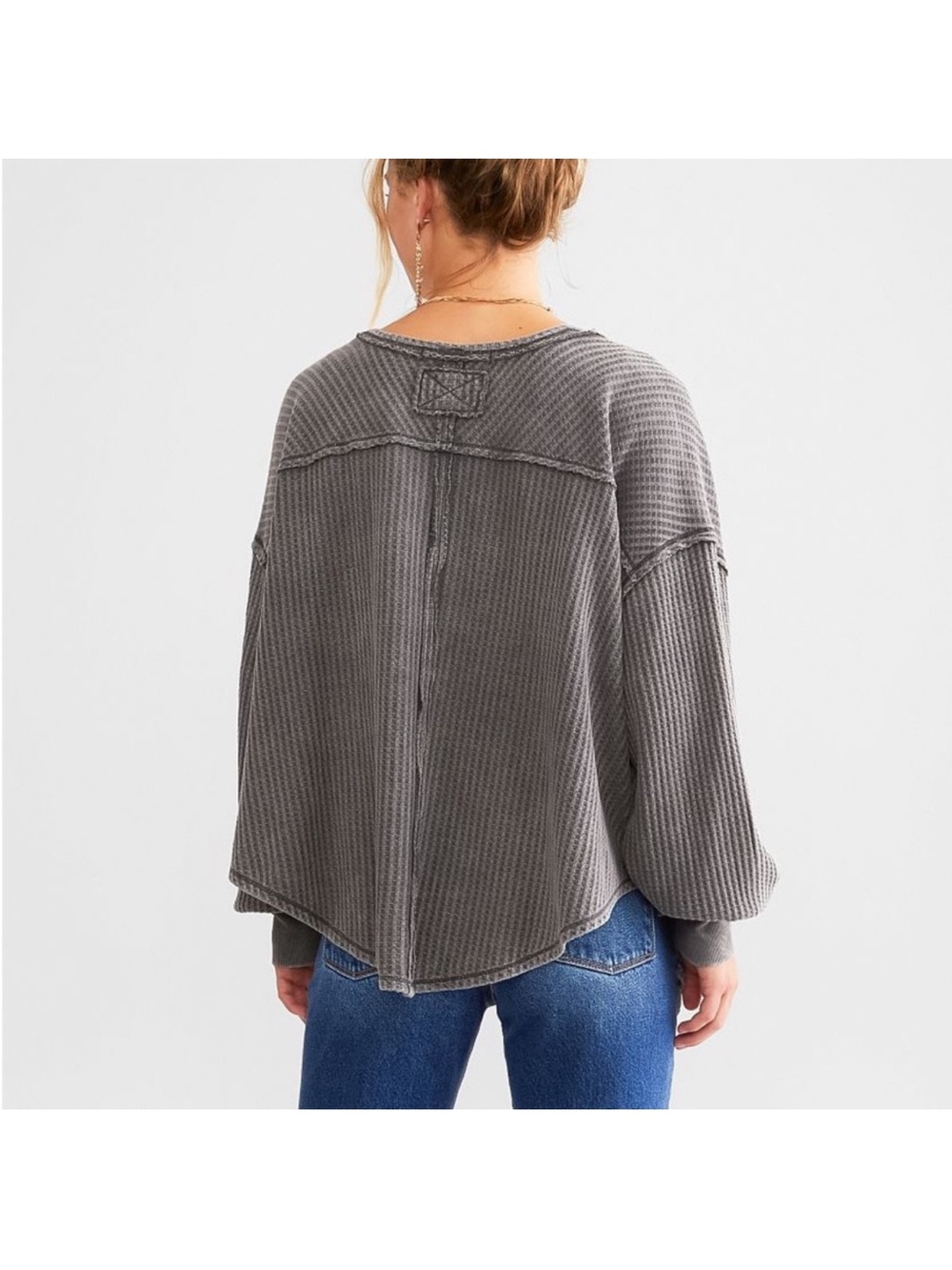We The Free Washed Gray Waffle Knit oversized Off-Shoulder Sweater - Picture 3 of 6